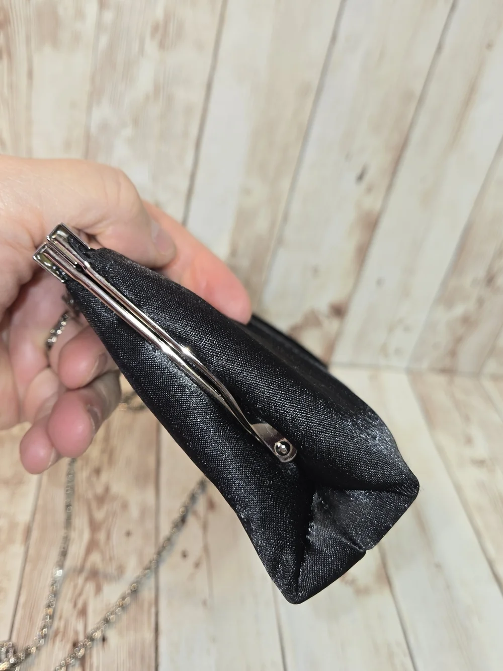 Jessica McClintock Black Satin Clutch Silver Chain Strap Evening Bag